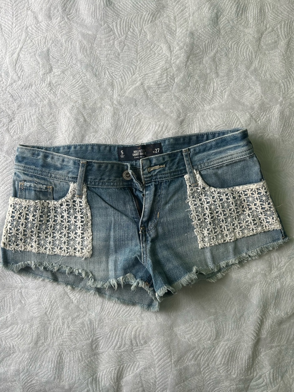 Hollister Light Blue Denim Shorts with White Crochet Pockets